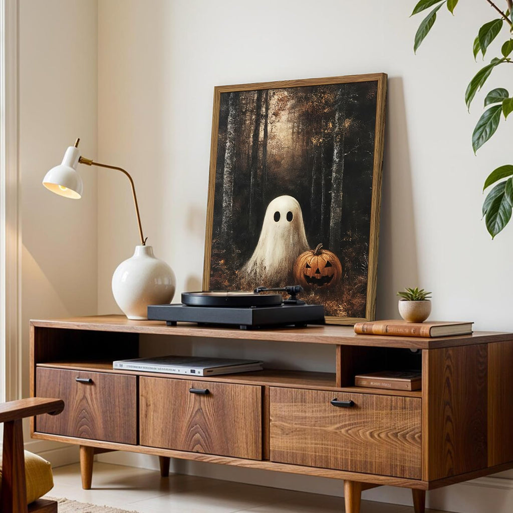 Framed Vintage Halloween Ghost Canvas Wall Art, Cute Ghost Pumpkin Wall Decor Paintings, Gothic Dark Academia Pictures Prints Spooky Fall Forest Home Decor for Living Room Bedroom 12x16 inch