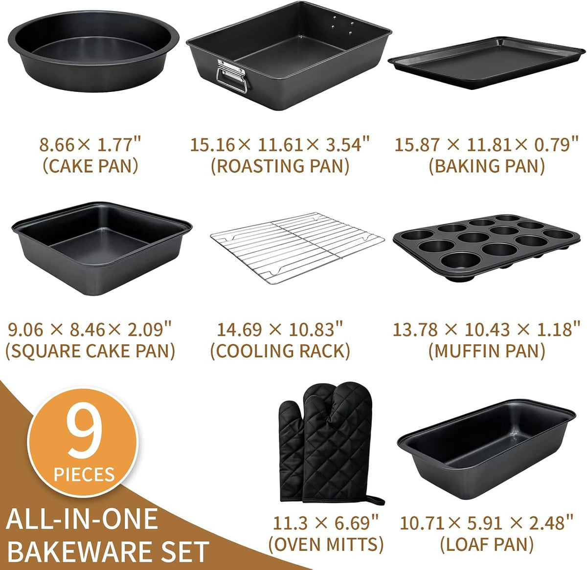 9 PCS Bakeware Sets, Baking Pans for Oven with Wider Grips, Baking Pan Set with Roasting Pan, Baking Pan, Cake Pan, Square Cake Pan, Loaf Pan, 12-Cup Muffin Pan, Cooling Rack and Oven Mitts