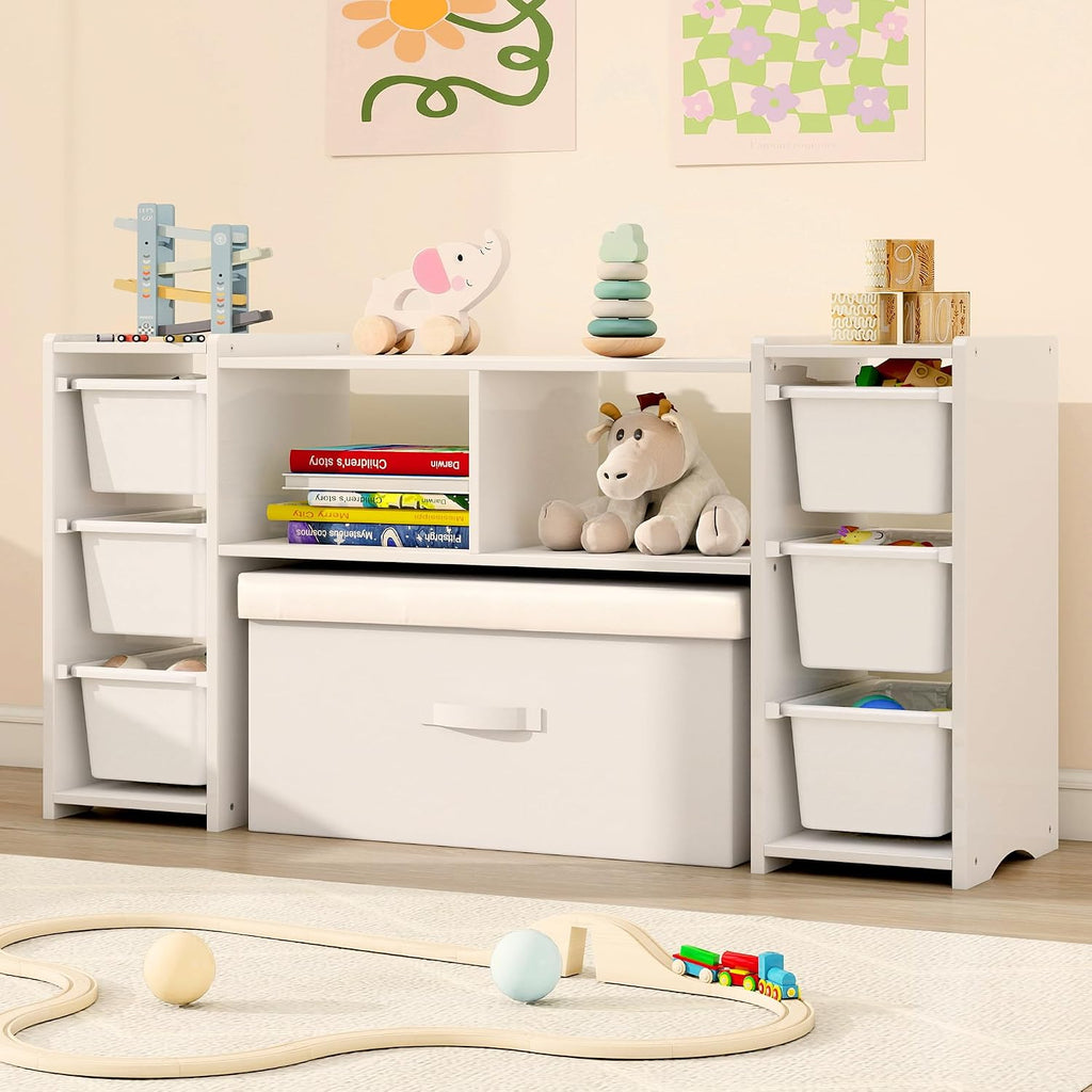 Montessori Shelf for Kids - 100% Solid Pine Wood with 6 Removable Plastic Bins, Toy Storage Organizer Cabinet for Playroom, Bedroom & Nursery (Natural)