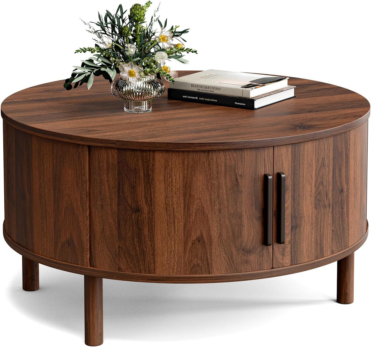 ZttRiee Round Coffee Table with Sliding Doors, Mid-Century, Walnut