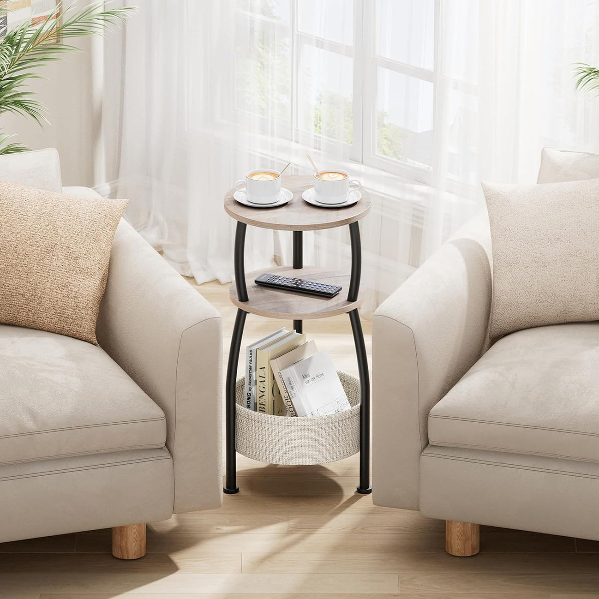 Round Side Table for Living Room with Storage Basket, 11.81in