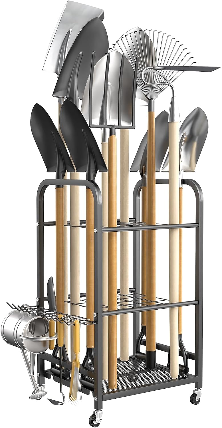 TORACK Garden Tool Organizer Stand with Wheels, Rakes Shovels Tools Stand