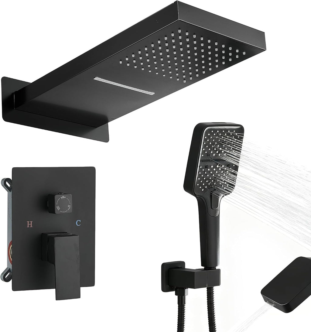 Waterfall Rainfall Shower Faucet Set, Matte Black