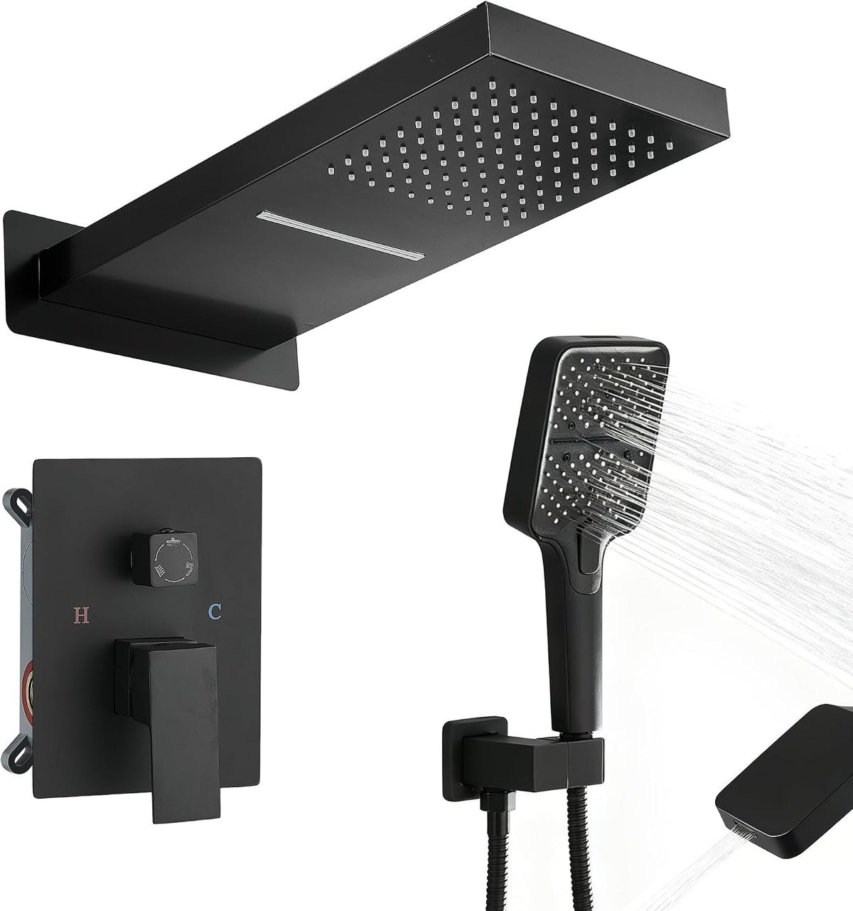 Waterfall Rainfall Shower Faucet Set, Matte Black