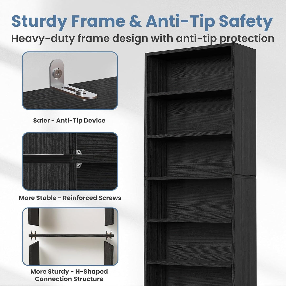 DUMOS 6-Tier Bookcase, 63 Inch Tall Open Bookshelf, Modern Black