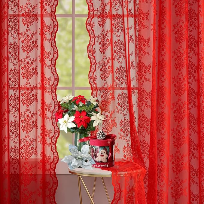 YJ YANJUN Vintage Lace Curtains 45 Inch Length Victorian Floral Pattern Red - Image 4