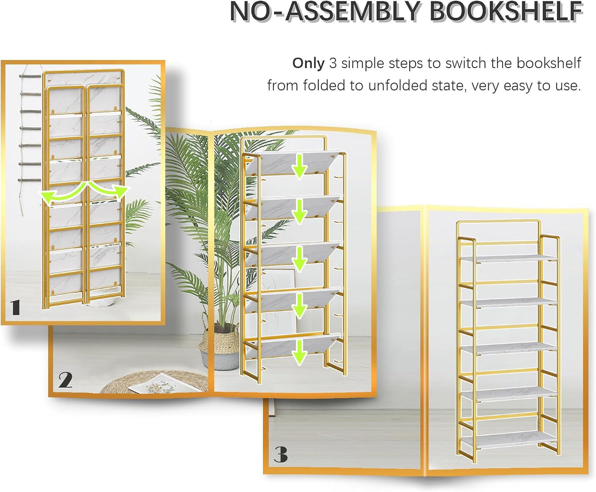 4NM No Assembly 5 Tier Folding Bookshelf Tall Storage Shelves Vintage Bookcase Standing Racks for Bedroom Living Room Home Office