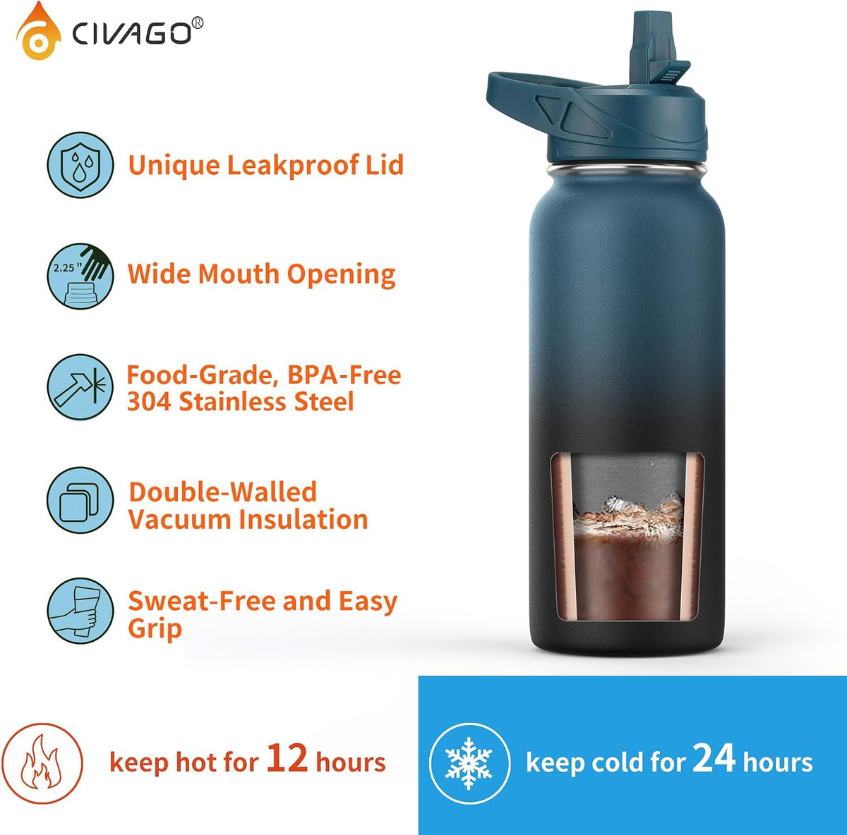 CIVAGO 32 oz Insulated Stainless Steel Water Bottle With Straw and 3 Lids