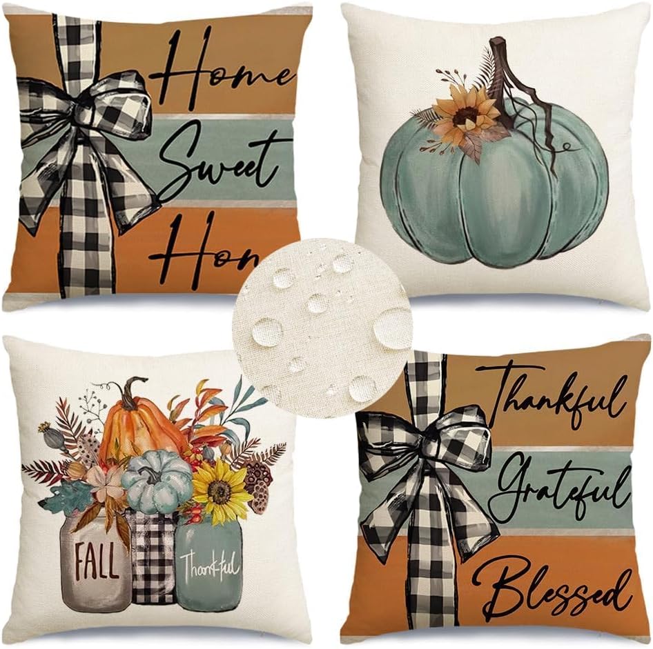 RABUSOFA Fall Pillow Covers 16x16 Aqua Pumpkin Fall Decorations for Home