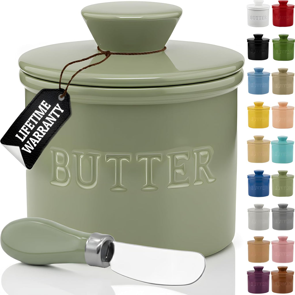 Priority Chef Butter Crock with Lid for Countertop with Spreader Knife and Water Line, Soft Spreadable Butter, Ceramic French Butter Dish with Lid, Sage