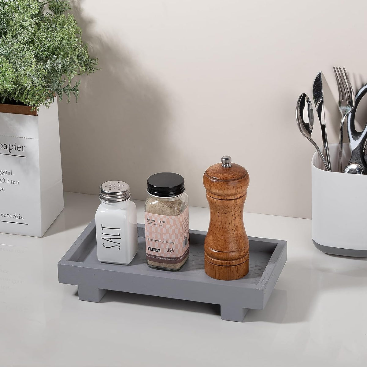 Bathroom Counter Tray Wooden Riser Display Kitchen Soap Holder, Gray