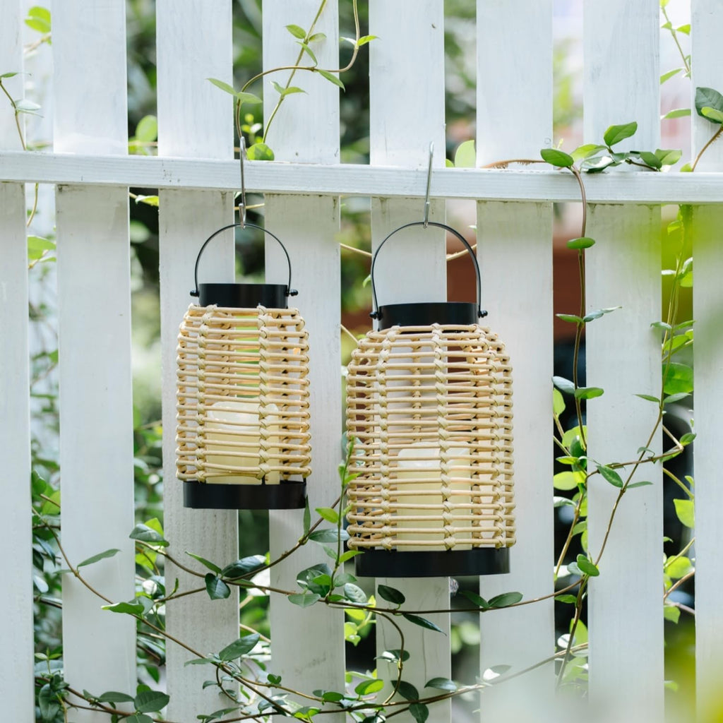 14in Lanterns Decorative for Home Decor- Decorative Candle Lanterns w/ LED Candles- Boho Rattan Woven Hanging Black Lanterns Decor for Indoor, Outdoor, Patio & Porch, Tabletop, Fireplace & Mantle