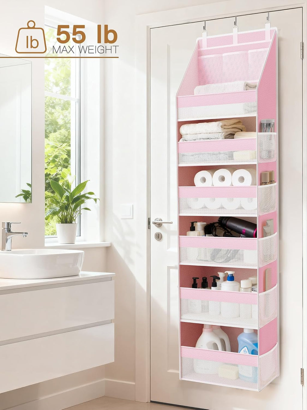 Criusia Over the Door Organizer, 6-Shelf Closet Hanging Storage with 13 Mesh Pockets, 55lbs Capacity Behind the Door Storage for Baby Nursery, Bathroom, Bedroom, and Dorm, Pink