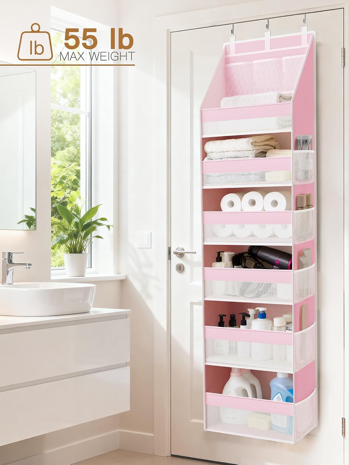 Criusia Over the Door Organizer, 6-Shelf Closet Hanging Storage with 13 Mesh Pockets, 55lbs Capacity Behind the Door Storage for Baby Nursery, Bathroom, Bedroom, and Dorm, Pink