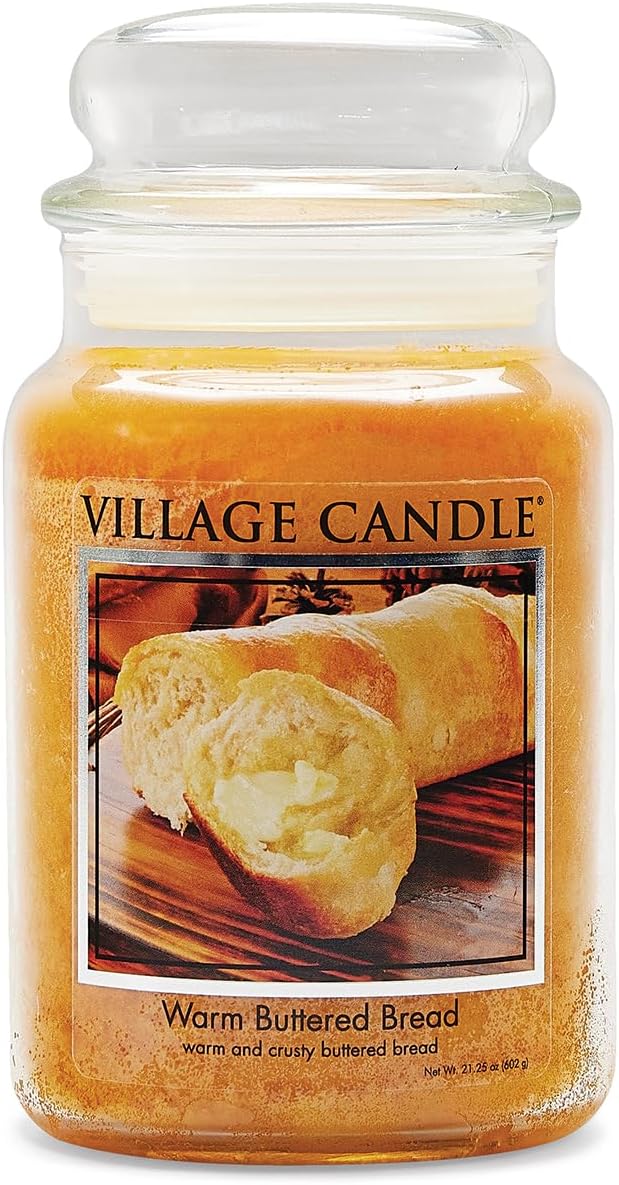 Village Candle Warm Buttered Bread Large Glass Apothecary Jar, Scented Candle, 21.25 oz., Brown