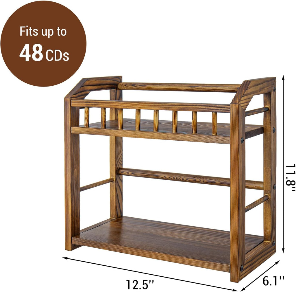 MyGift 2-Tier Solid Pine Wood CD Storage Rack – Dark Burnt Finish Desktop Organizer for 48 CDs, Rustic Space-Saving Media Display Shelf for Home and Office