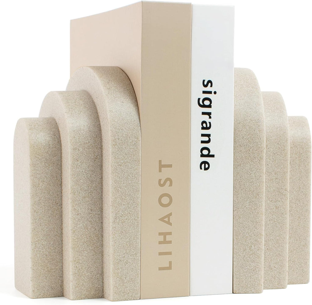 LIN CHUAN Heavy Duty Bookends for Shelves, Set of 2, Sandstone Beige