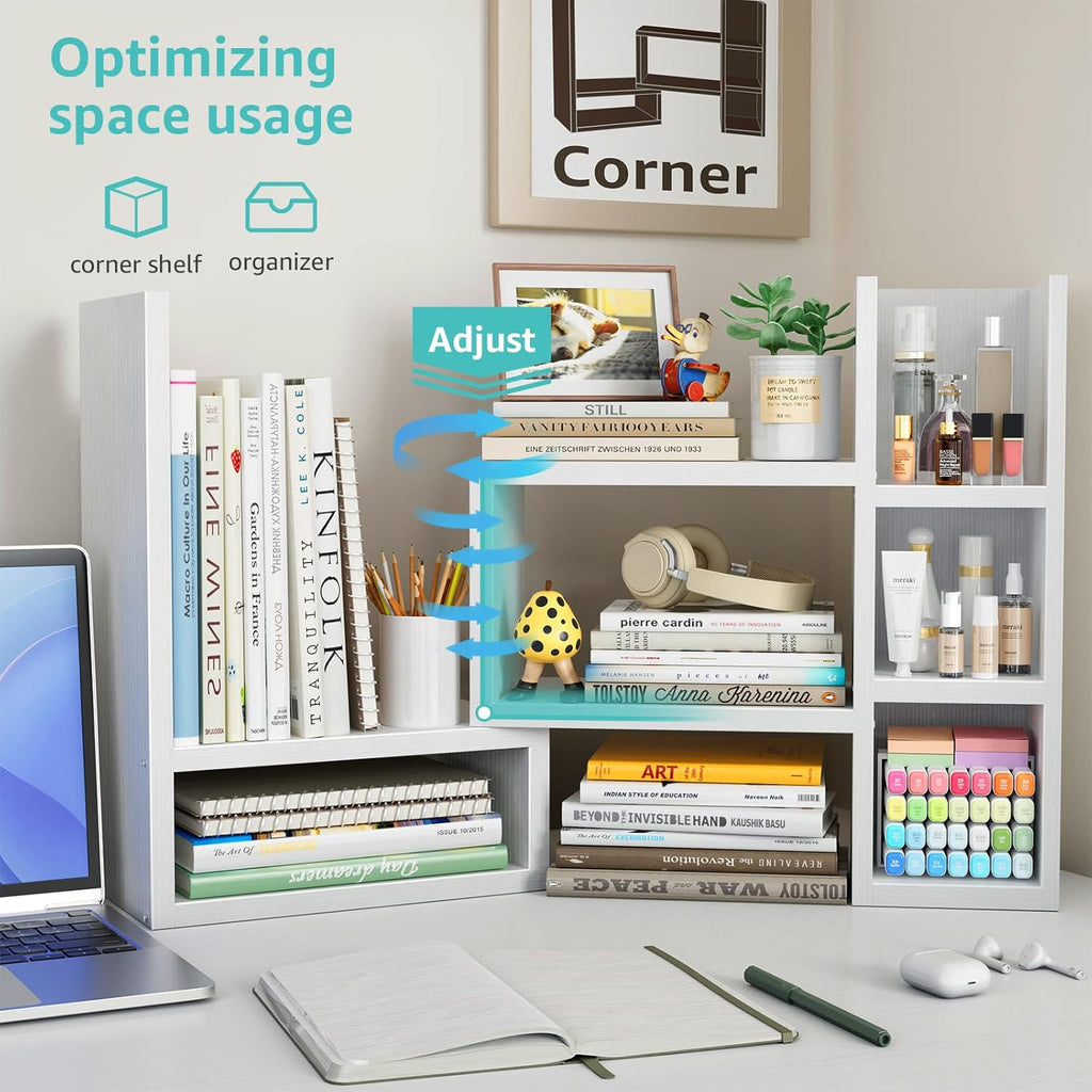 NUTIKAS Desk Shelves Desktop Organizer Shelf - White Office Organization for Top of Desk Organizers and Accessories Corner Bookshelf Table Top Shelving Small Hutch Decorations for Women Office