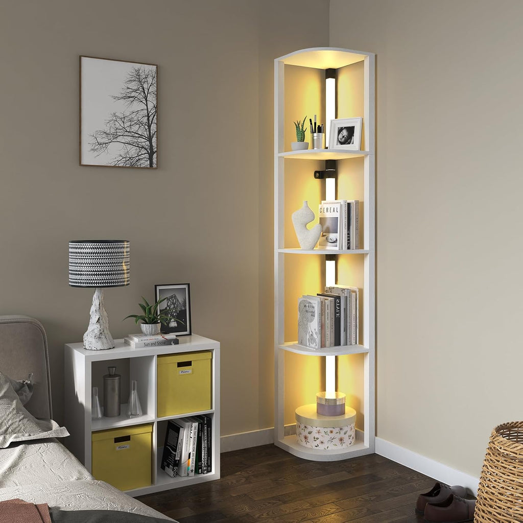 VTRIN Corner Shelf with Light, Floor Lamps with Shelves for Living Room, Small Space, Modern Home Decor Stand Sturdy 5-Tier Corner Bookshelf Cabinet Display Shelf for Collectibles, White