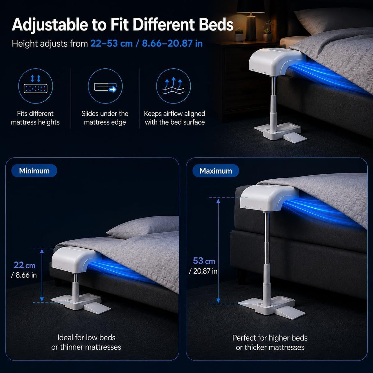 Bed Cooling System, Bed Fan Under Sheets with 5 Adjustable Speeds, Cooling Fan for Hot Sleepers & Night Sweats, Cordless Bed Fan with Remote Control, Fits All Mattress Heights