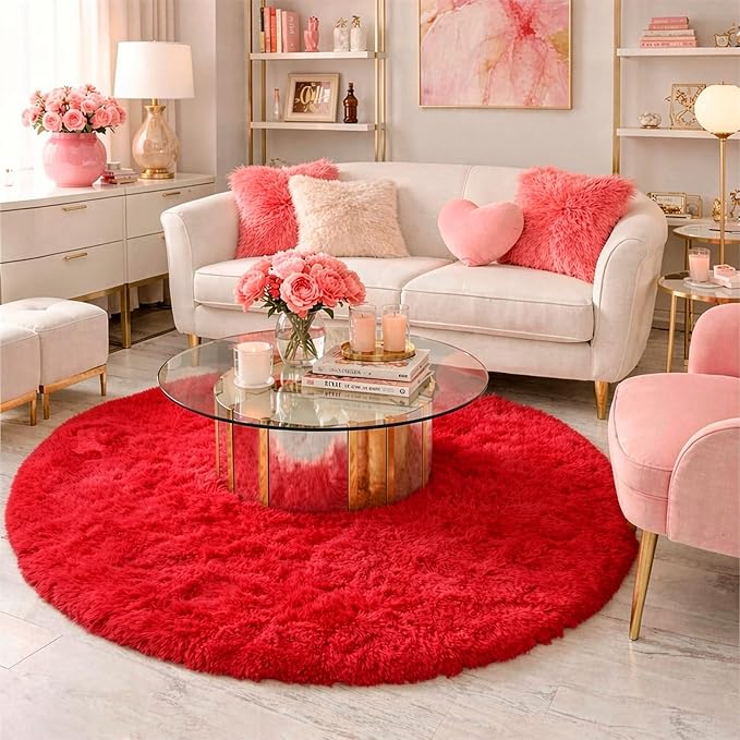 Red Circle Round Rug 7Ft for Living Room Bedroom, Large Fluffy Shag Area Rugs - Image 3