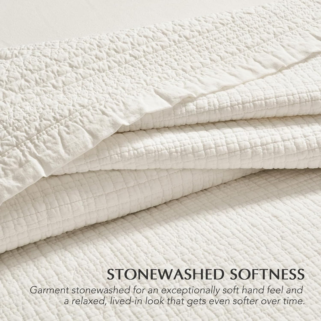 EverGrace Stonewashed Textured Cotton Quilt Set, King Size, Ivory White