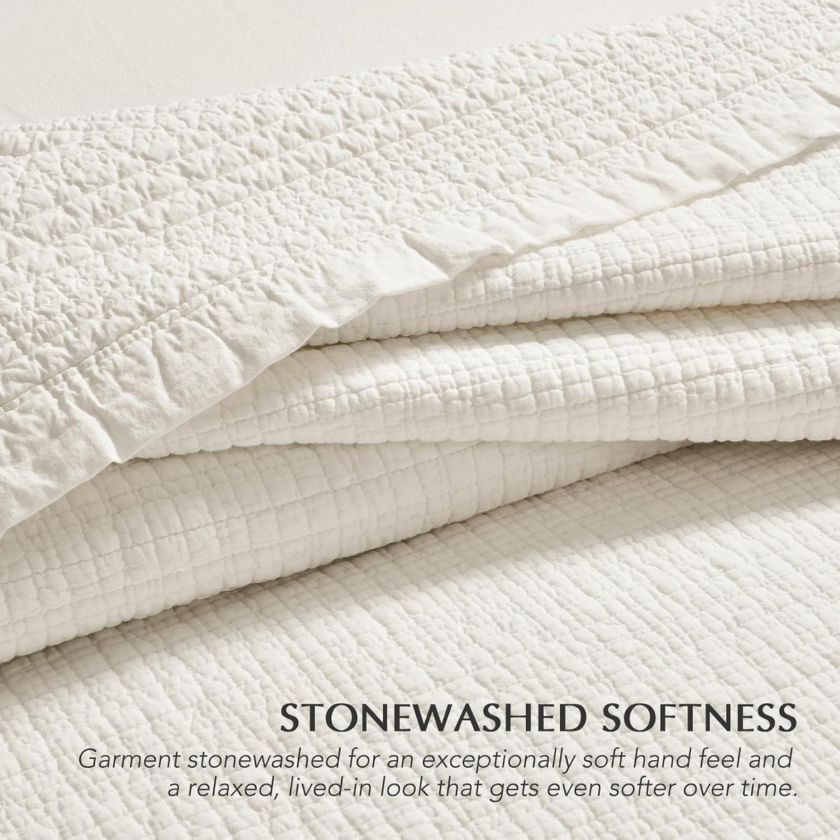 EverGrace Stonewashed Textured Cotton Quilt Set, King Size, Ivory White