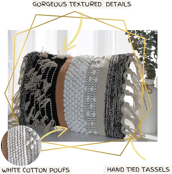 Decorative Boho-Chic Premium Pillow Cover 12x20 Handwoven Tufted Cotton Lumbar - Image 3