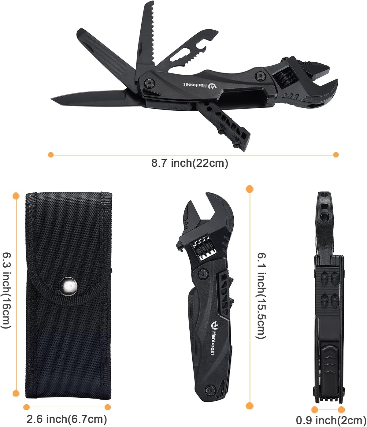 Hanboost Multitool Wrench Wide Jaw Opening Cmaping Gear, Gift for Him and Her, 12 in 1 Multi Purpose Pocket Size EDC Gadget With Screwdriver Cutting Saw Bottle Opener for Maintenance, Camping and DIY