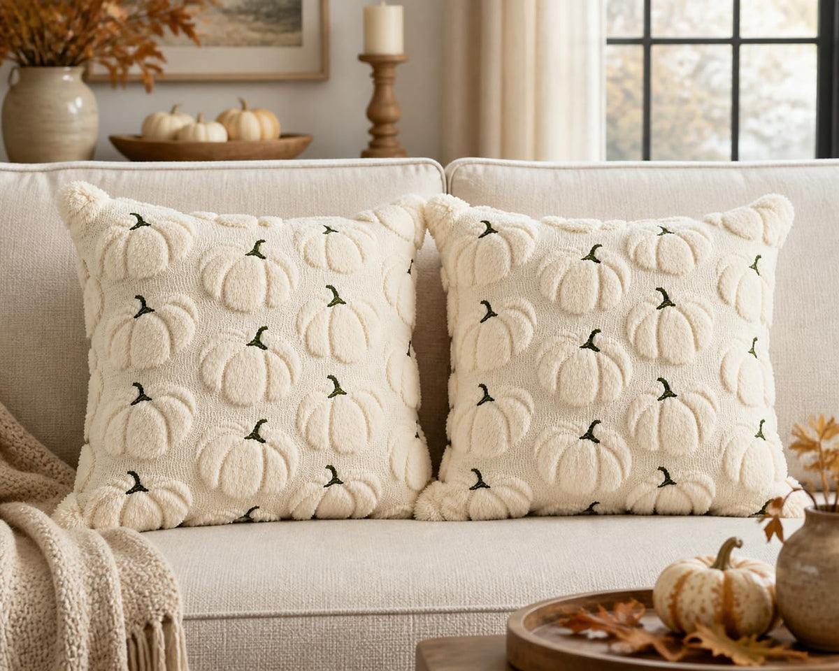 Fall Pillow Covers 18x18 Set of 2 Beige Pumpkin Decorations for Home
