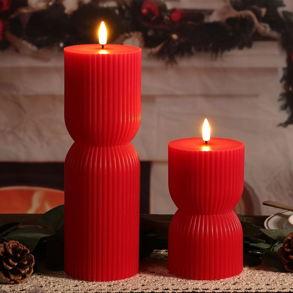Red Christmas Ribbed Flameless Pillar Candles with Remote Set of 2