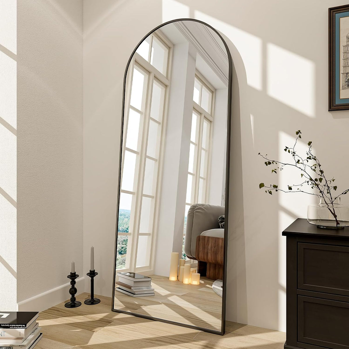 BEAUTYPEAK 65"x24" Full Length Mirror, Arch Full Body Floor Mirror, Wall Mirrors Hanging or Leaning Arched-Top with Stand for Bedroom, Dressing Room, Black