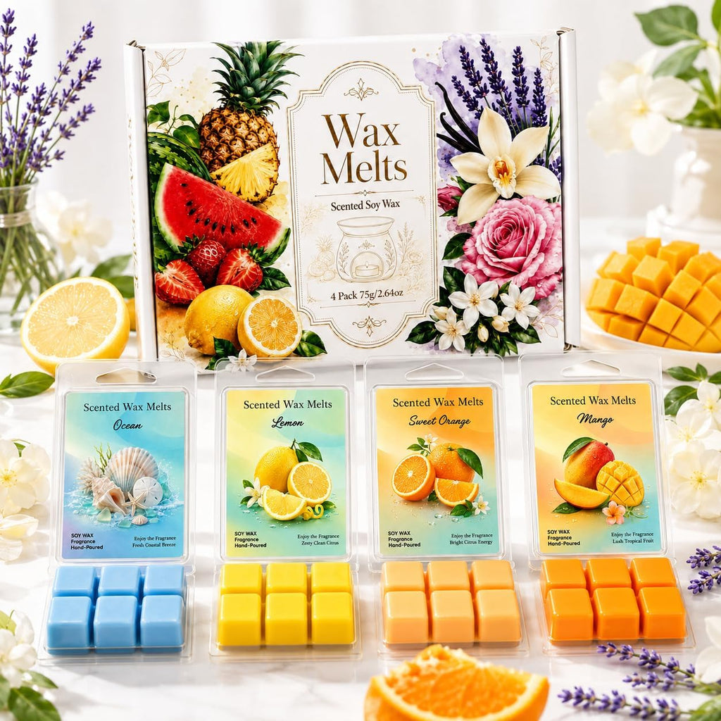 Wax Melt 4 Pack 2.5 Oz Each Wax Melts 10 Oz Total Scented Wax Melt Wax Cubes for Warmer Strong Scent Wax Melt Home Fragrance Candle Melts Wax Warmer Cubes Lemon, Sweet Orange, Ocean, Mango