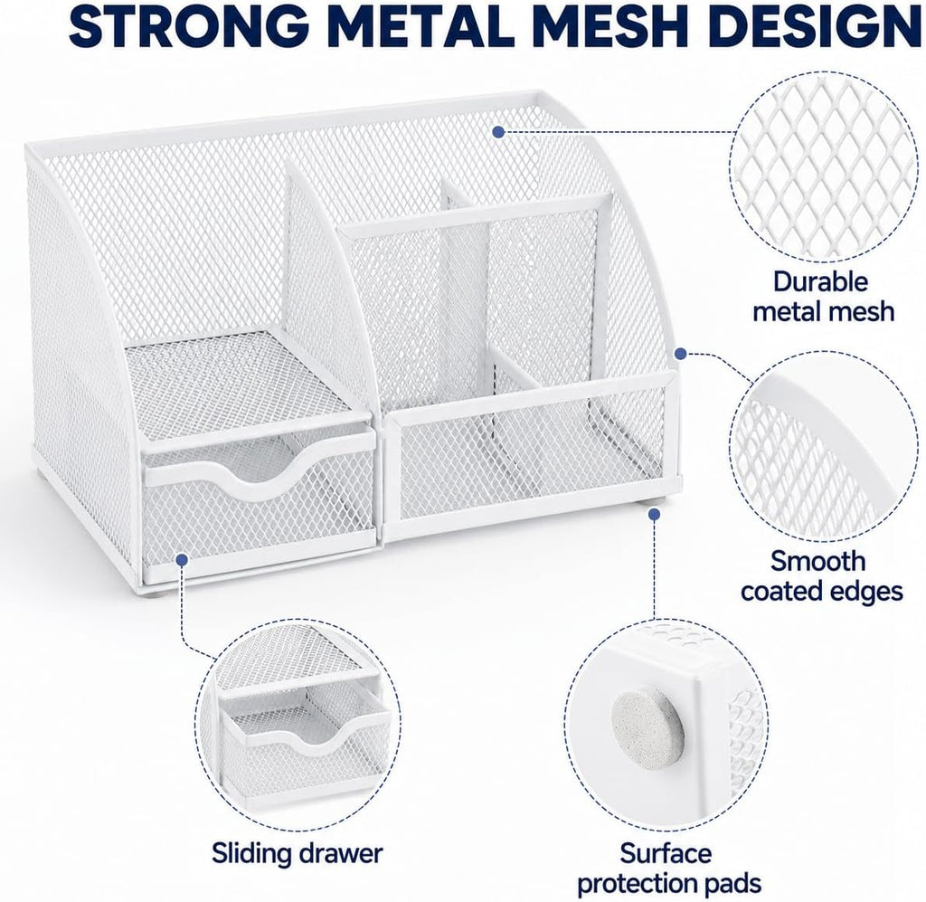 Exerz Desk Organizer 7 Compartments Metal Mesh Pen Holder Caddy White