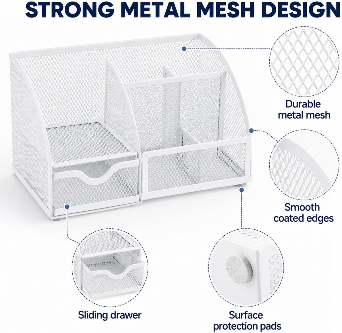 Exerz Desk Organizer 7 Compartments Metal Mesh Pen Holder Caddy White