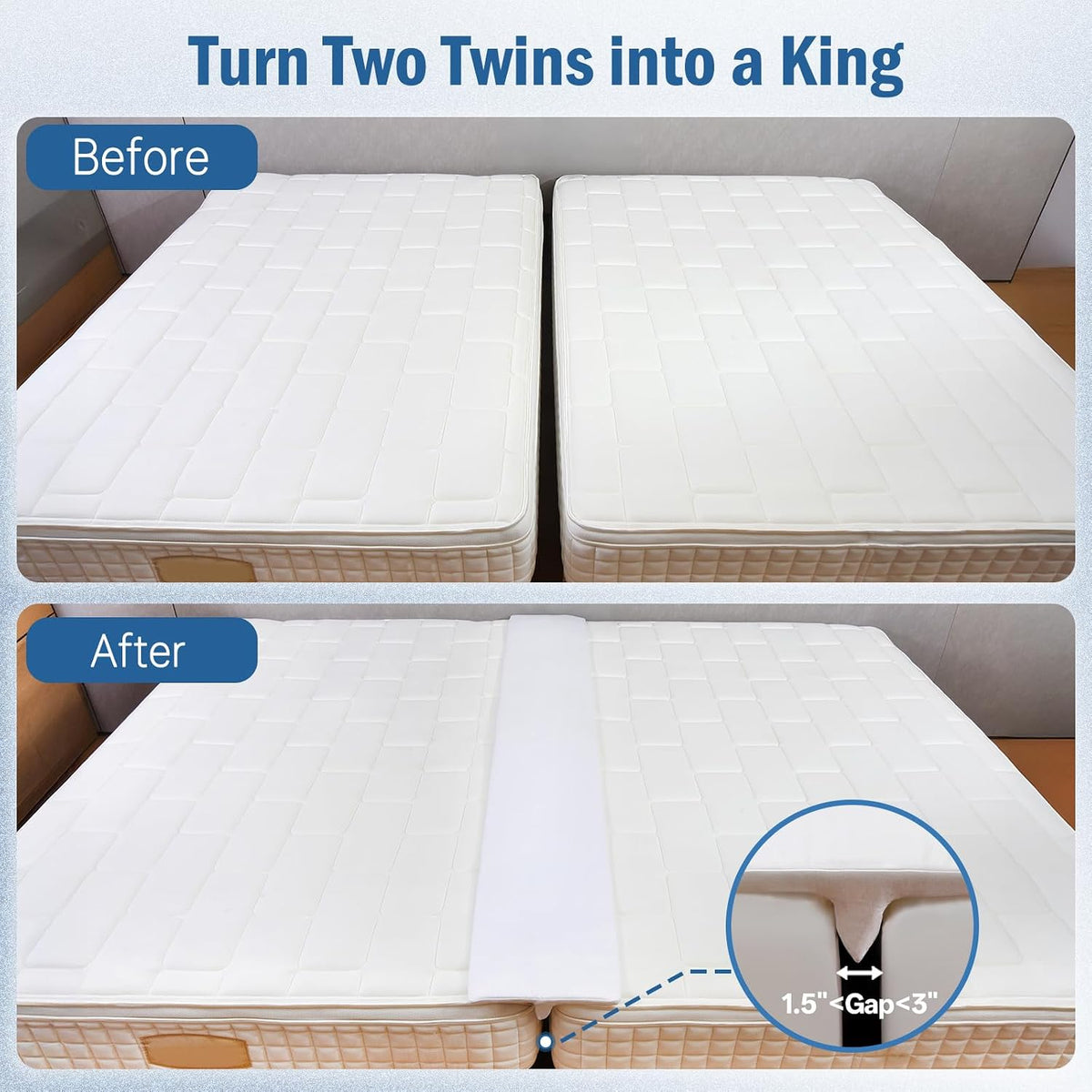 Vekkia 75” Split King Gap Filler for Adjustable Bed, Close Mattress Gap