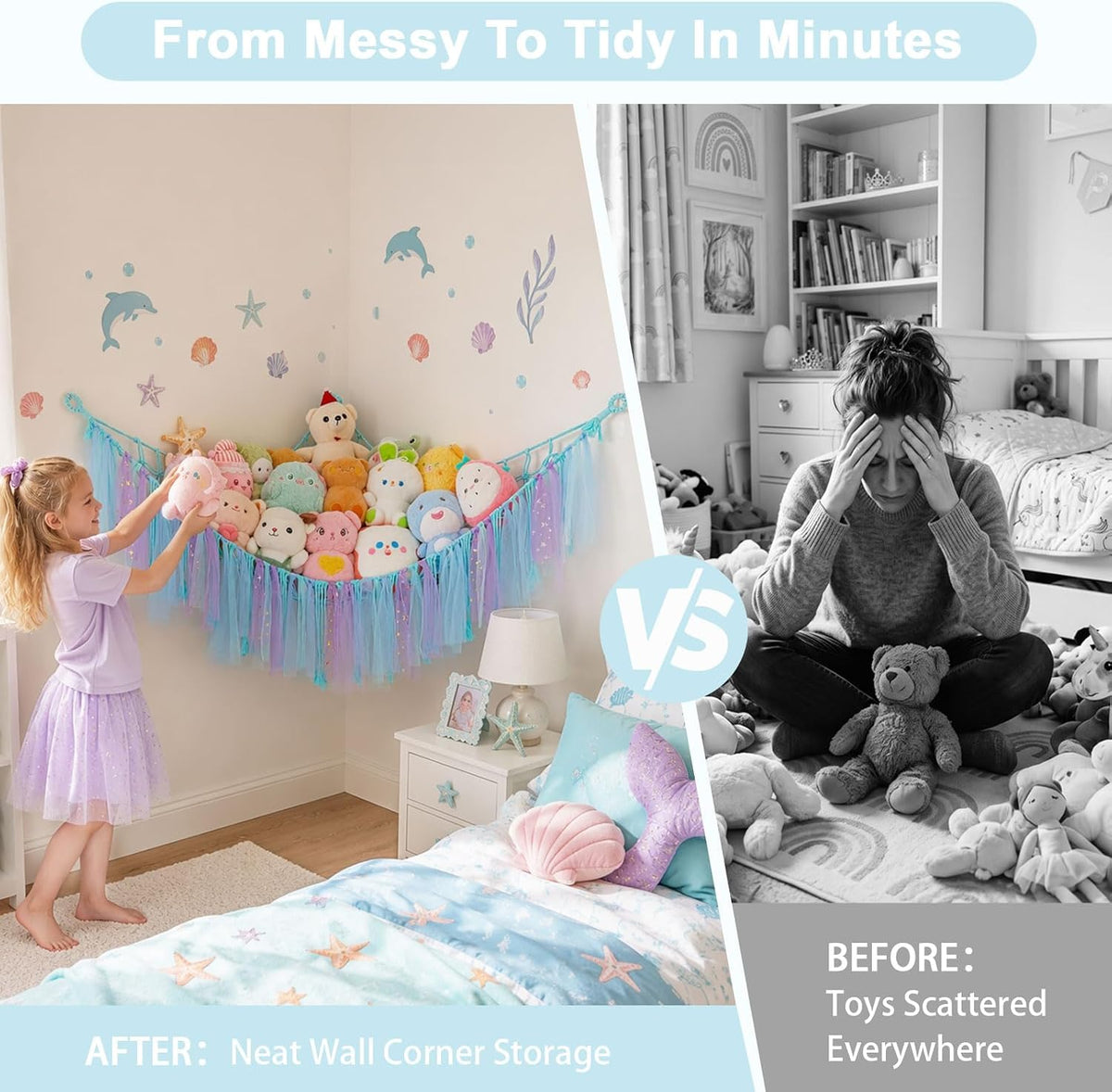 Stuffed Animals Net LED Light Toy Hammock for Kids Bedroom Storage