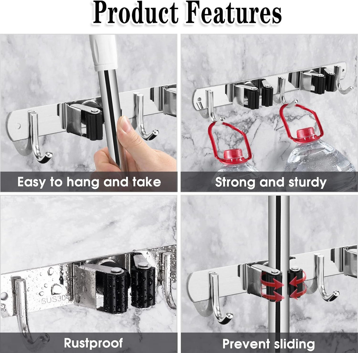 AceMining Broom Holder Wall Mount, 2 Racks 3 Hooks Heavy Duty Mop Organizer