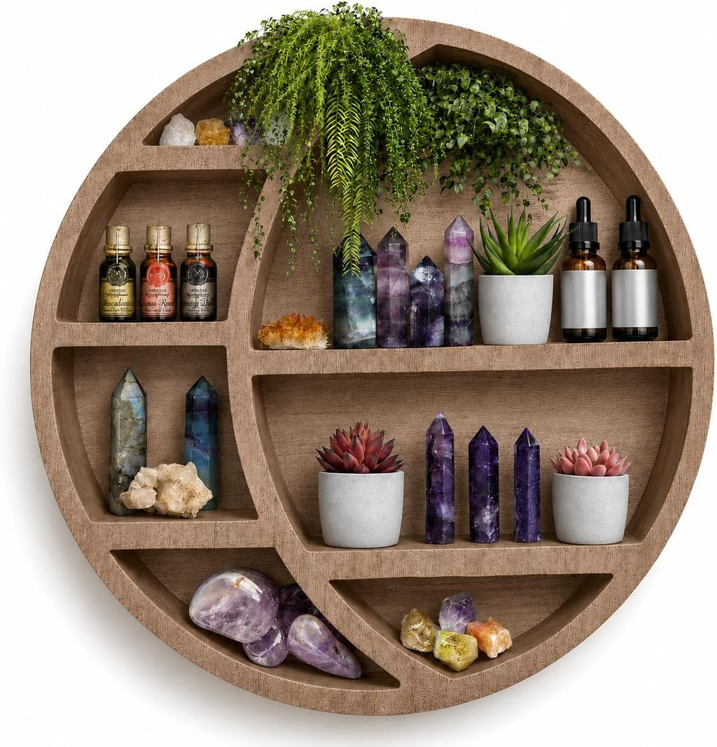 Wooden Crescent Moon Shelf Wall Decor — Aesthetic Floating Crystal Display Holder & Hanging Wall Organizer for Bedroom, Dorm & Spiritual Room Decor | 14"x14"x3.5" | (Black)