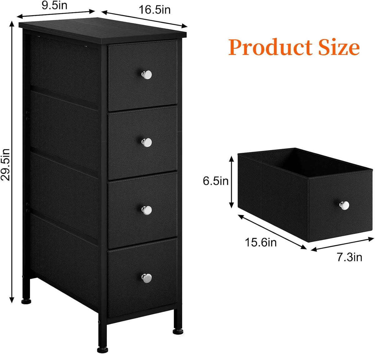 Fixwal Narrow Storage Cabinet, Slim Dresser with 4 Fabric Drawers, Black