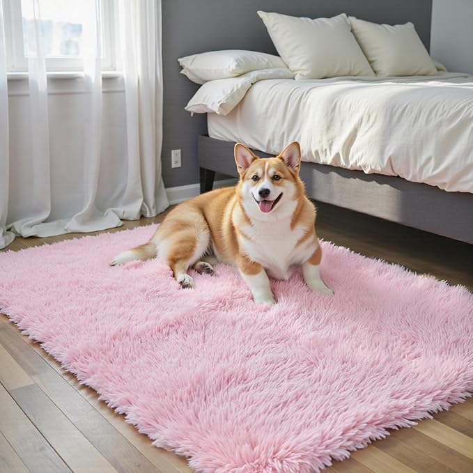 Small Rug Throw Rugs for Bedroom, Mini Area Rug, Fluffy Pink Carpet, Affordable by Junhejiamei