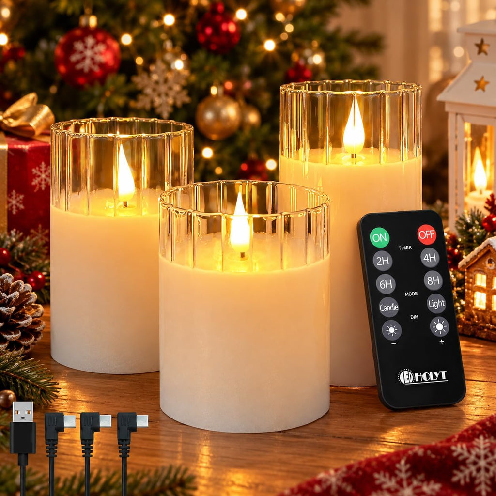 Rechargeable LED Flickering Flameless Candles, Fake Candles Set of 3（Ivory）