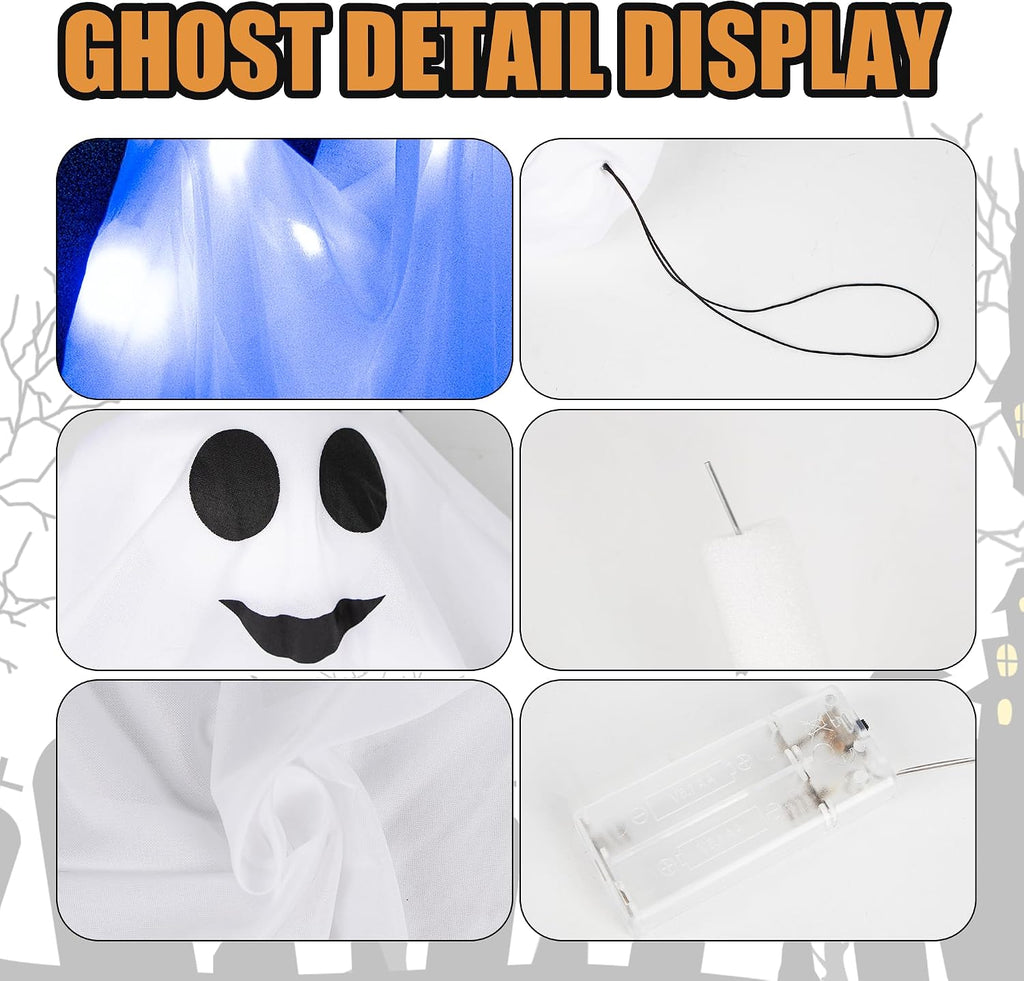 Kiddokids 4 Pack Halloween Hanging Ghost Decorations, 27.5" Light Up Spooky Floating Ghosts with Blue LED, Outdoor & Indoor Haunted House, Porch, Yard, Party Decor, Patio Lawn Garden