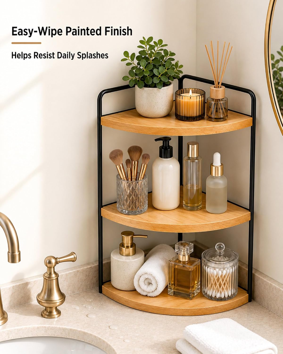 3-Tier Corner Bathroom Countertop Organizer, Solid Pine Wood Vanity Shelf