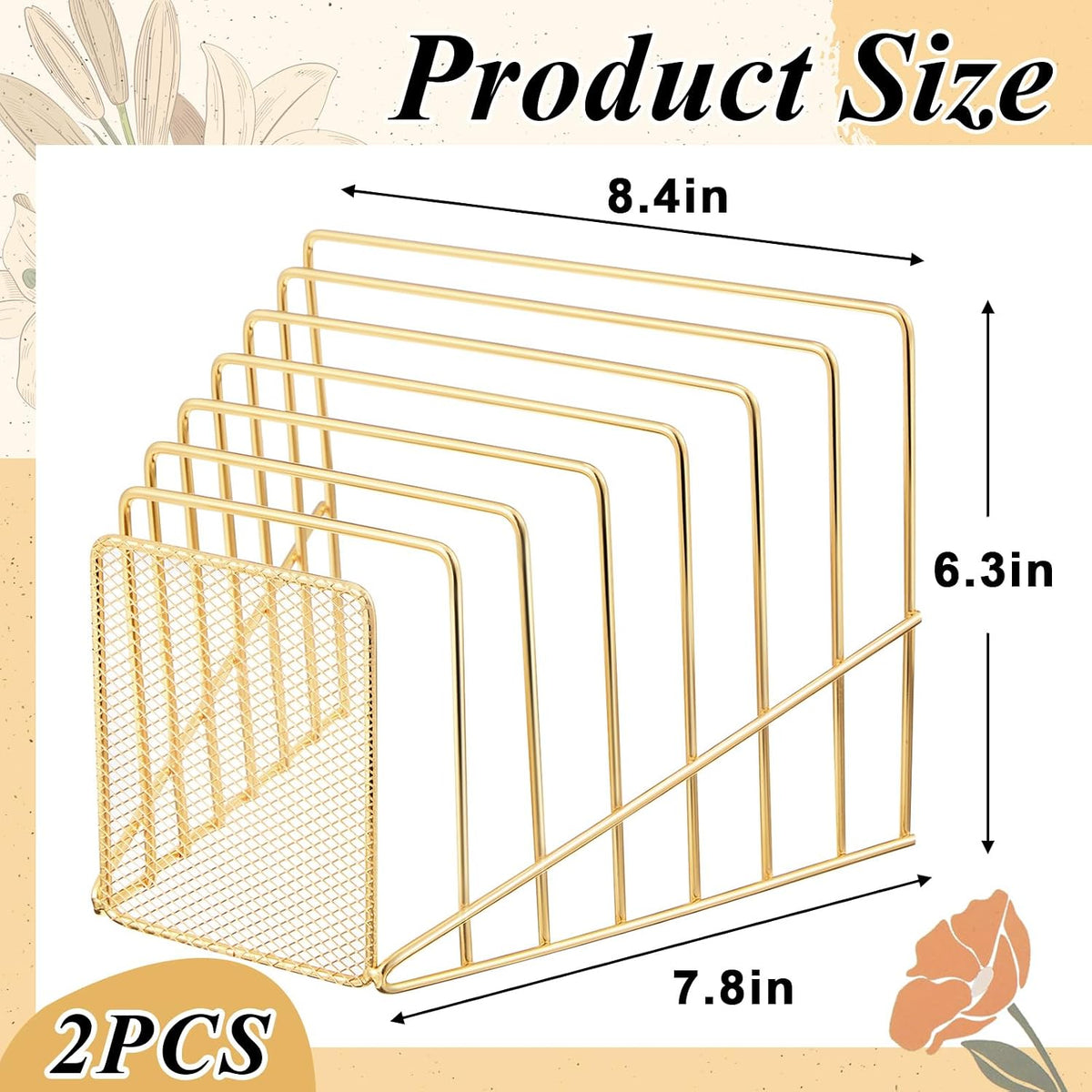 2 Pcs Wire File Sorter Desk 7 Section Organizer, Golden