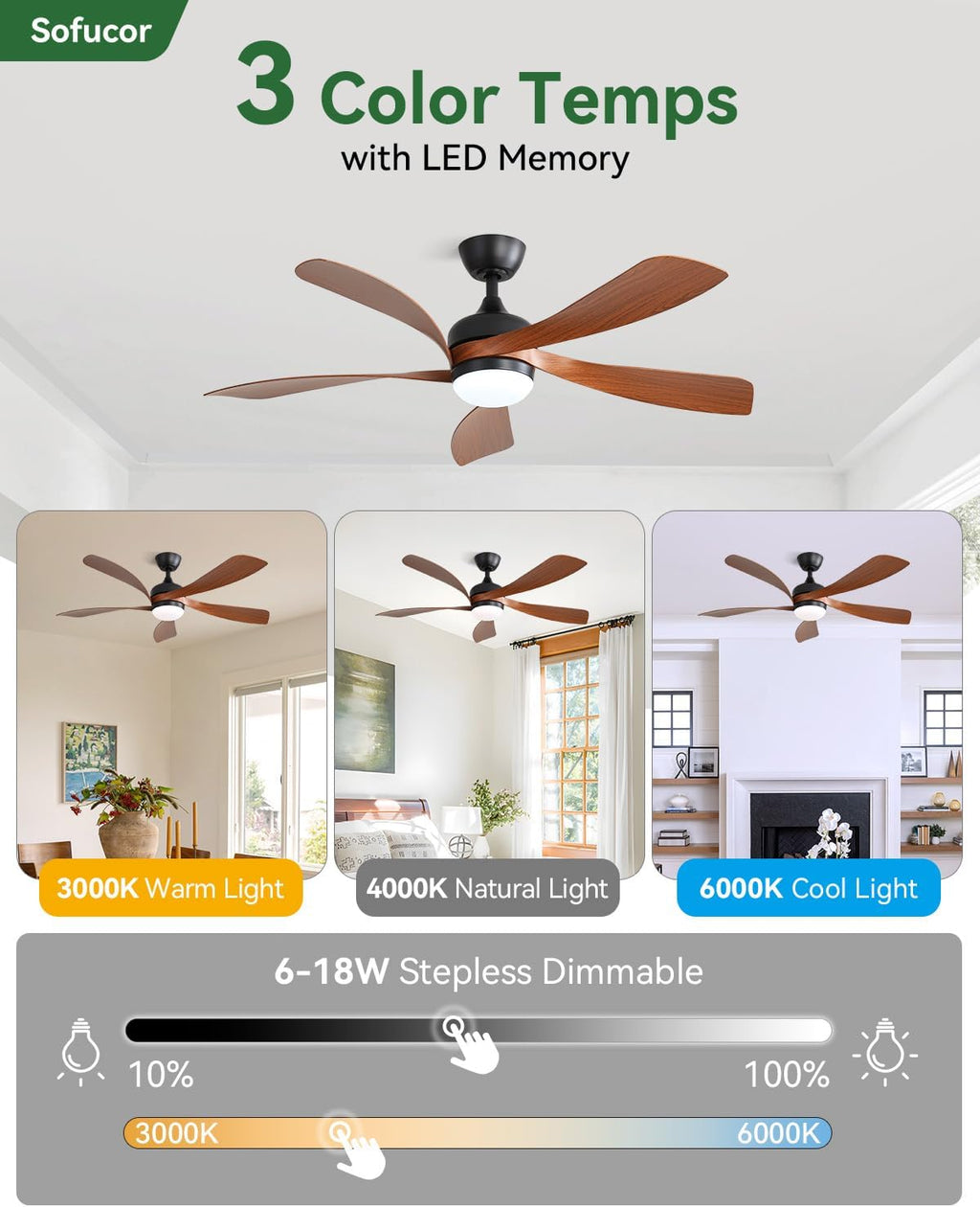 Sofucor 52 Inch Smart Modern Ceiling Fan with Light Indoor/Outdoor Brown | Alexa/Google Assistant/APP/Remote Control, Reversible DC Motor, Timer, 6-Speed, 3CCT for Living Room Bedroom Patio Farmhouse