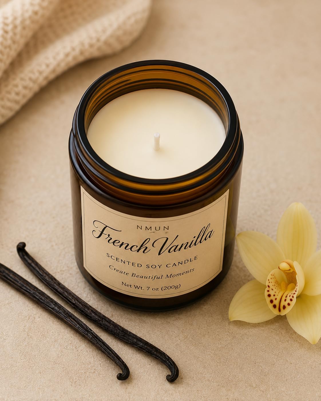 French Vanilla Scented Soy Candle, 7 oz Amber Glass Jar, Warm Vanilla Fragrance for Home, Relaxation & Gifting