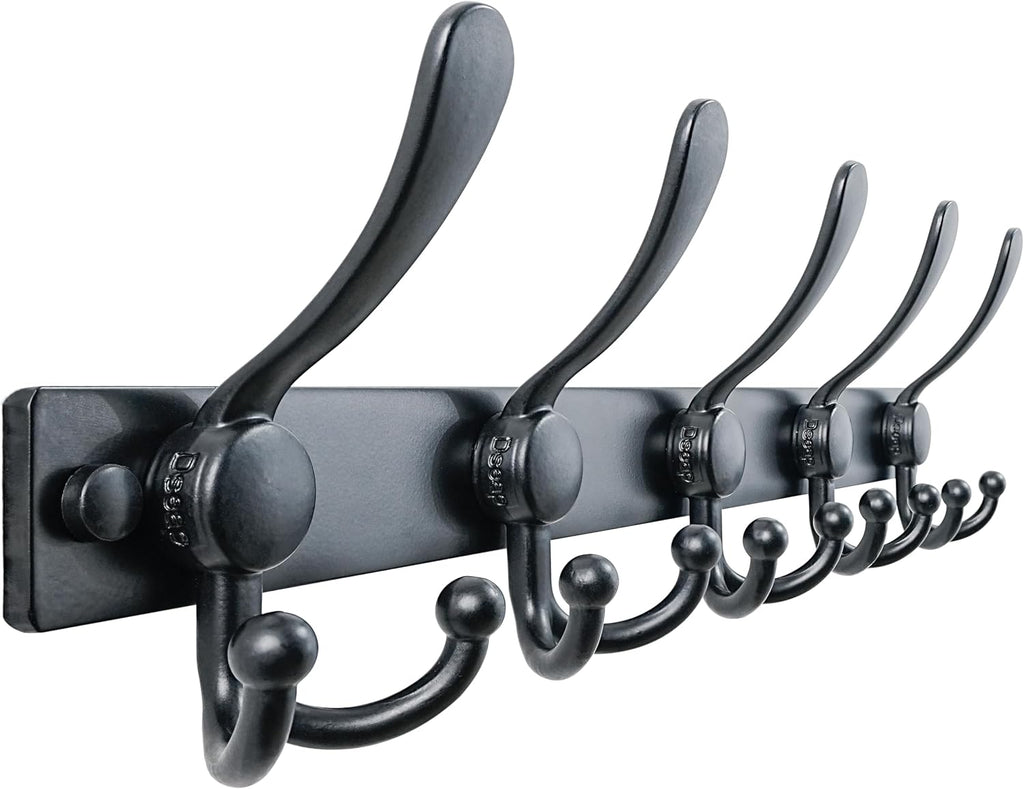 Coat Rack Wall Mount, Heavy Duty 12-Gauge Base vs Flimsy 1mm, Double-Thick Solid Anti-Snap Hooks, 16” Stud-Mount, Stainless Steel Hanger for Clothes Hat Entryway Closet Mudroom, Black