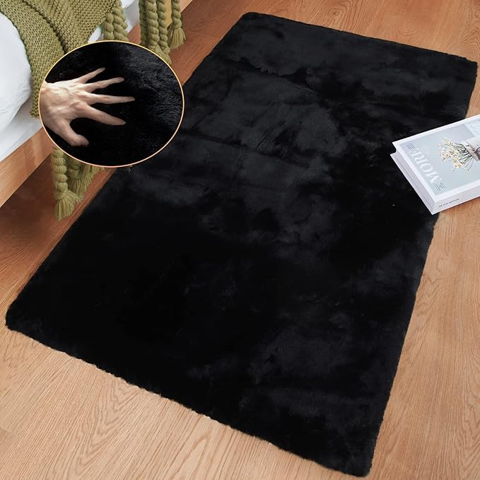 ORINOVA Faux Rabbit Fur Rug Machine Washable Area Rugs Black Fur Rug by ORINOVA