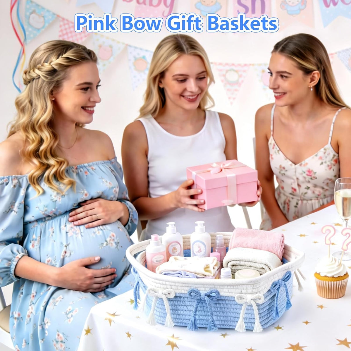 2PC Blue Bow Baskets for Gift Cute Coquette Woven Rope Storage Basket with Handle Laundry Hamper Storage Bins for Home Decor Organization Nursery Baby Shower, 11.8''x7.8''x4.7''